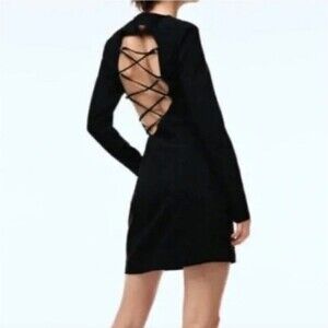 Zara Black Cut Out Lace Up Back Mini Dress Long-Sleeve